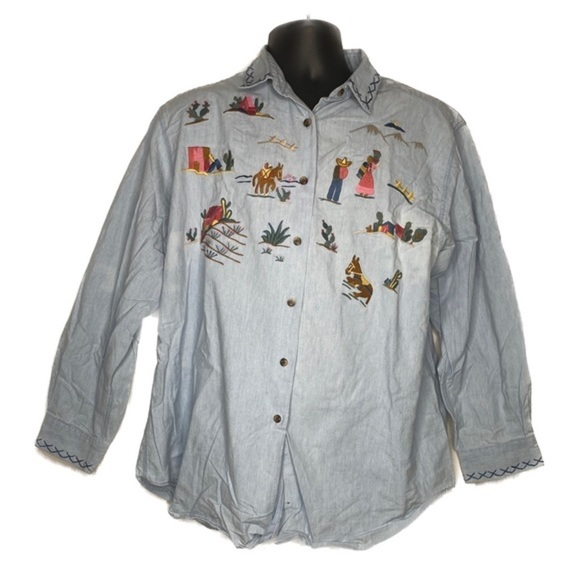 Cambridge Dry Goods Tops - Cambridge Cultural Patch Embroidered Button Up Shirt (Size: 14, Color: Blue)